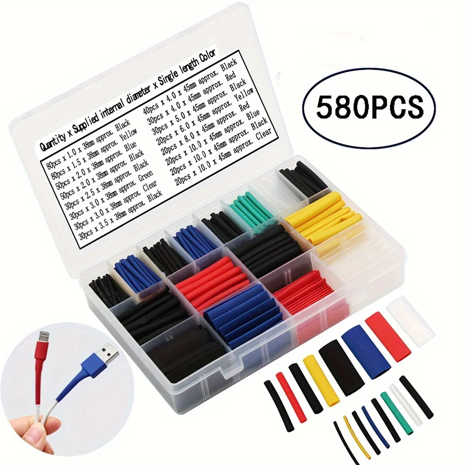 560/580/800 PCS Tepelné zmršťovacie trubice 2: 1, Drôtové zábal sortimentových trubíc Sada Sada elektrickej izolácie Teprová shrupová trubica (6 farieb)