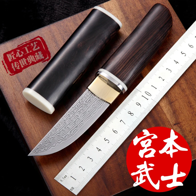 58HRC High Hardness Sharp Damascus nôž ebony rukoväte vonkajší nástroj Prenosný mini ovocný nôž EDC Darčeková krabica