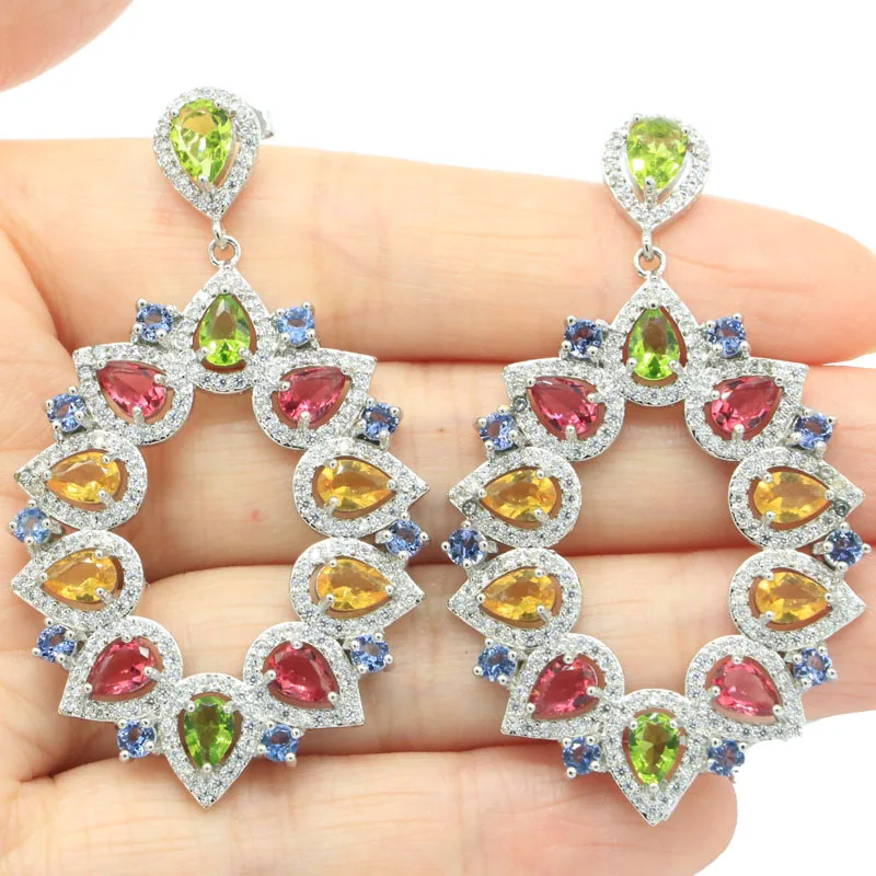 59x34mm High Trendy Pink Kunzite viacfarebný turmalín fialová tanzanit Zlatá citrín biela cz strieborné náušnice