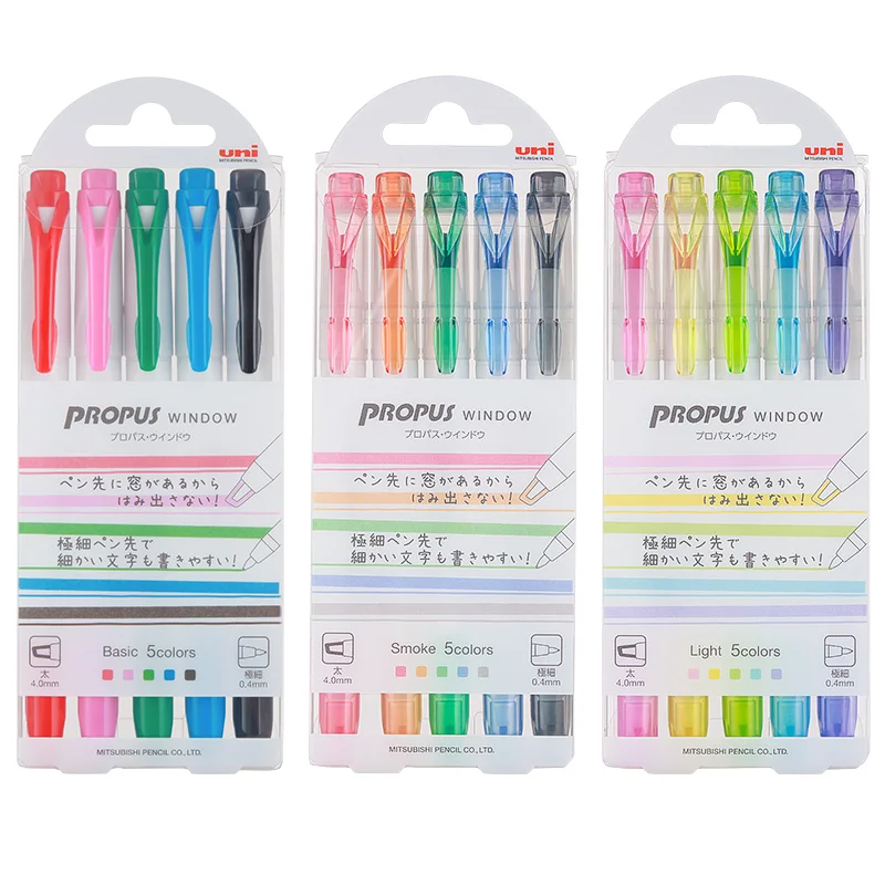 5Colors Set Japan Uni Mitsubishi Zvýrazňovací hnis-103T 102T propus okno Dvojité špičky Zvýrazňovač japonské stacionárne zásoby