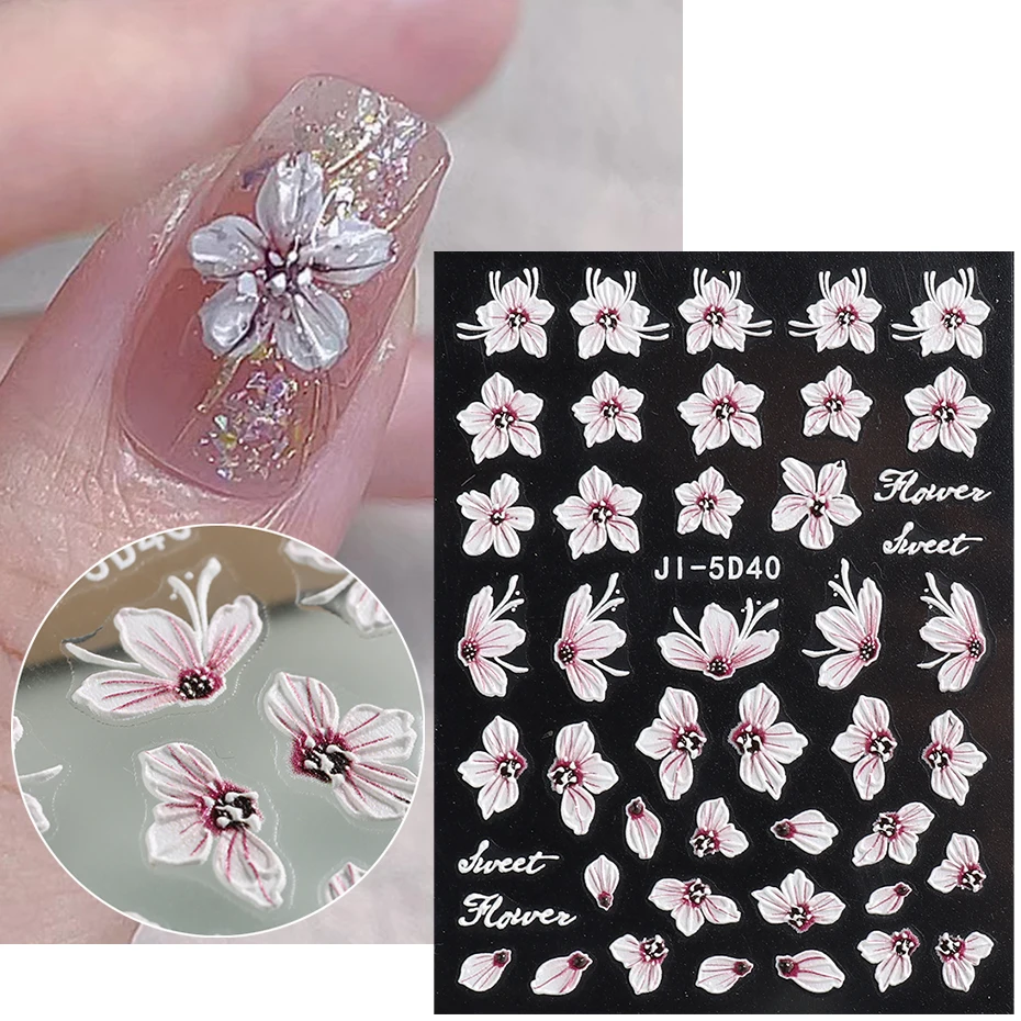 5D Camellia Gradient Pink Clins Stickers Embossed Pentapetal Flowers Design Design White Floral Wedding manikúru nálepky Ji-5D40