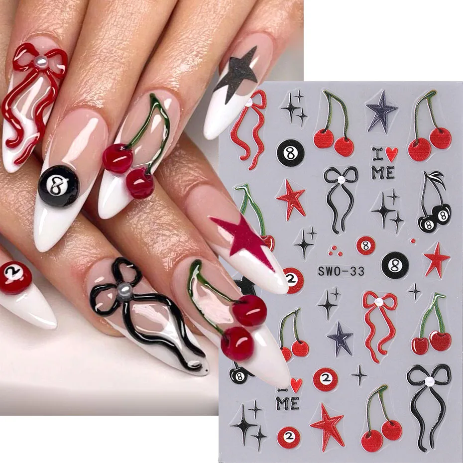 5D Cherry Bow Nail Sticker Y2K Heart Star 2/8 Ball Design Descals na nechty Čierne čierne bláznivé francúzske kvetinové DIY manikúru dekorácia