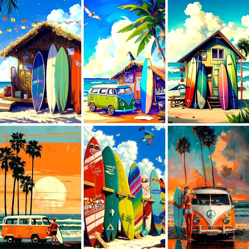 5D DIY Diamond Painting Surf Board Full Diamond vyšívací krížový steh dodávka s palmami na pláži
