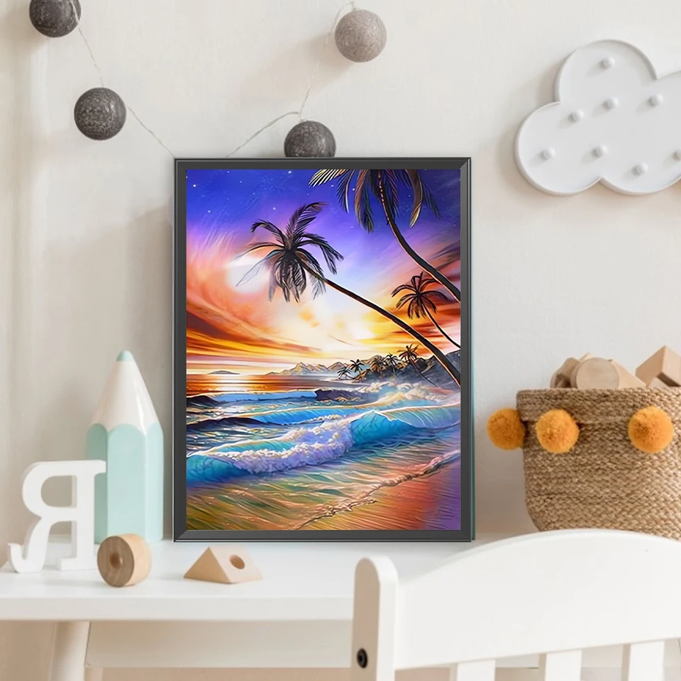 5D DIY Full Round Round Drill Diamond Painting Seaside Scenéria dekorácie Art Craft