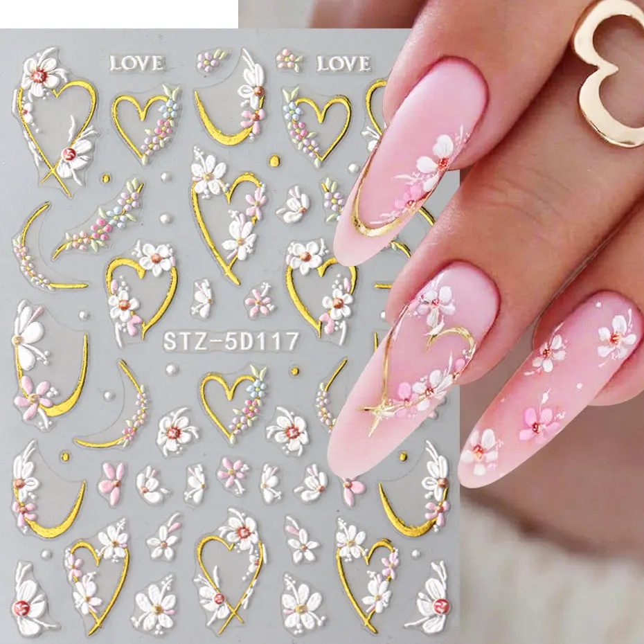 5D jar Daisy White Flowers nalepené nálepky na nechty vyrazené jednoduché kvetinové zlaté posúvače Roztomilé okvetné lístky svadobné klince Príspevky