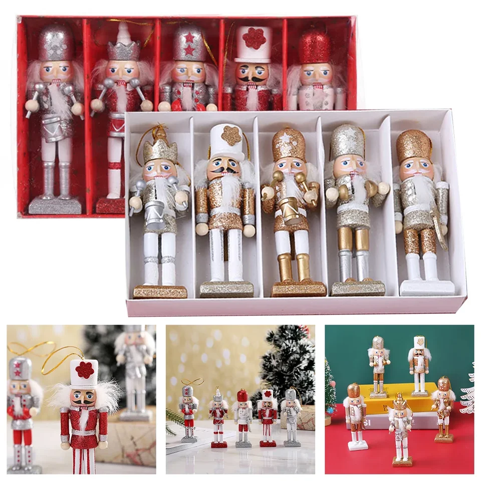 5ks 12 cm drevené vianočné ozdoby trblietky Luskáčik ozdoby Doll Gold White Red Wooden Party Dekorácia