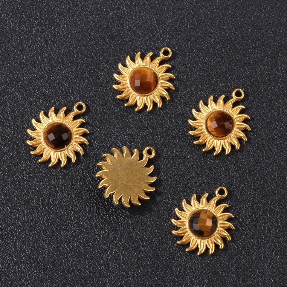 5ks 15 mm roztomilý kvet slnečného kvetu Prívesok Na prírodný kameň Tiger Eye Ametysty z nehrdzavejúcej ocele pre DIY šperky výroby veľkoobchod