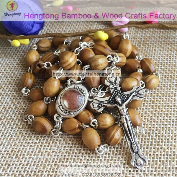 5ks/balenie lacné hnedé imitácie Olive Wood Rosary Pine Phines Rosár s ruženým centrom Terra a Jeruzalemským krížom