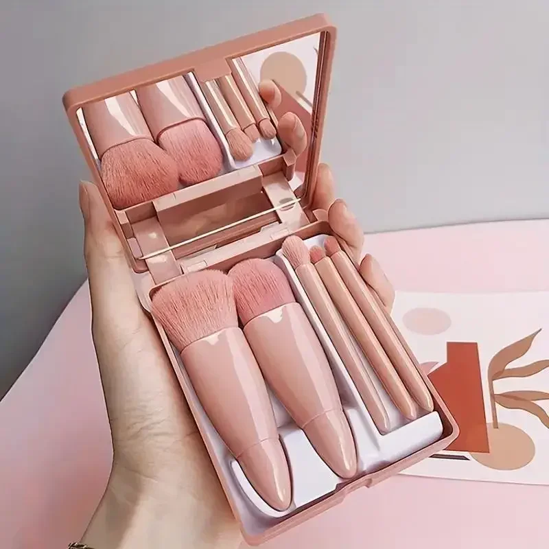 5ks cestovné make -up kefy set Mini make -up kefy, malá kompletná funkcia Kozmetické kefy s kusmi s puzdrom a zrkadlom.