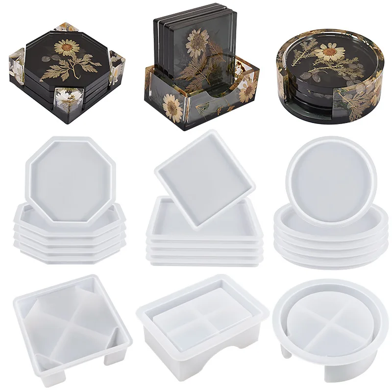 5ks Coaster Silikone Sotum Set Round Square Storage Box Epoxidová živicia pleseň pre domácich majstrov