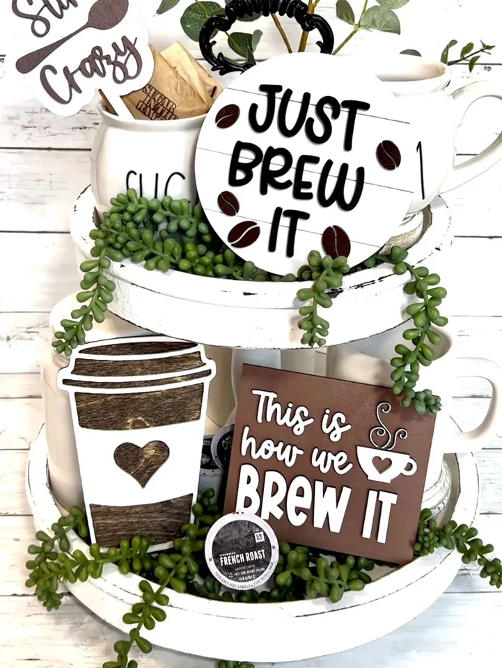 5ks klasický drevený kávový podnos - Perfect Home, Bar a Cafe Decor Gift, moderný vrstvený dizajn dreva dekor