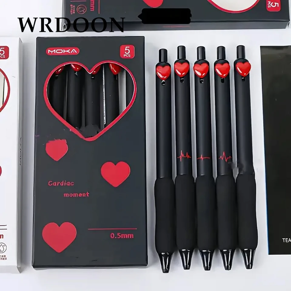 5ks natiahnuteľné gélové atramentové perá 0,5 mm čierny atramentový rollerball rollerball rolák Red Heart Kawaii Stationery Smooth Písanie pre žurnálovanie