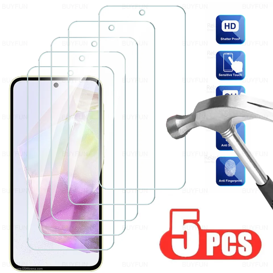 5ks pre Samsung Galaxy A35 5G Temperted Glass Screen Screen Pre chránič Samsung A55 A35 A25 A15 4G A 55 35 25 15 HD Ochranné sklo