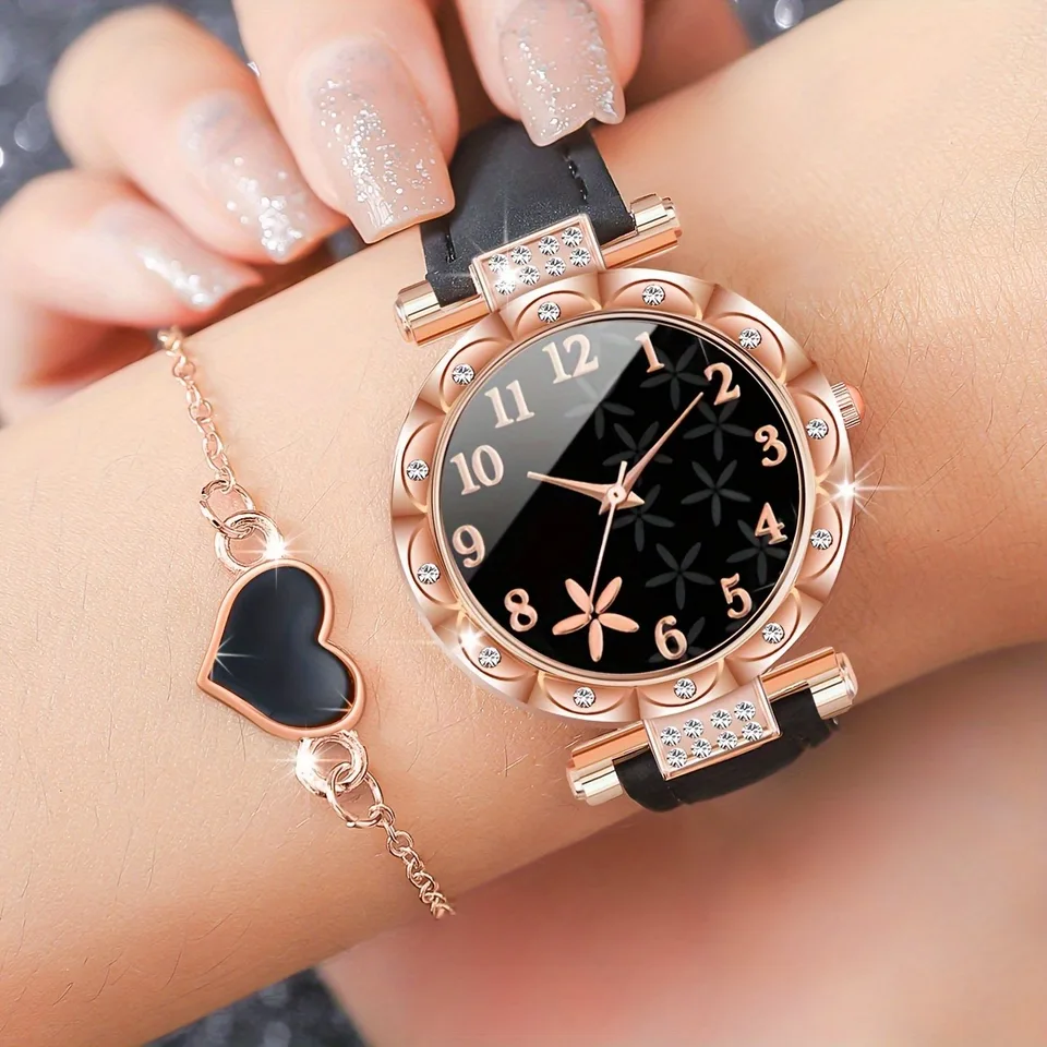 5ks Quartz Watches for Women Pu Leather Watch Watch s čiernym srdcom šperky súpravy pre svoju mamu priateľku