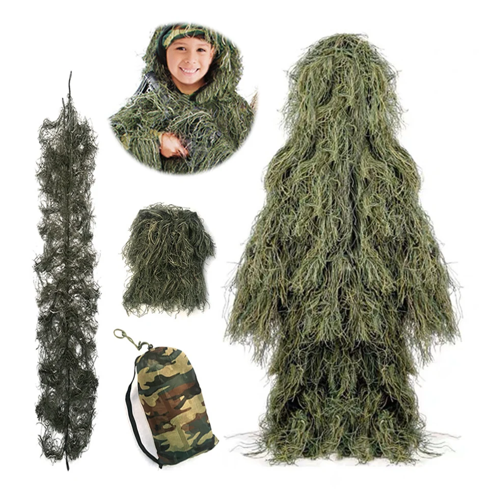 5ks/set castflage ghillie oblek s bundami Pants Hood Bag Woodland Hunter Ghillie Suit for Men Woman
