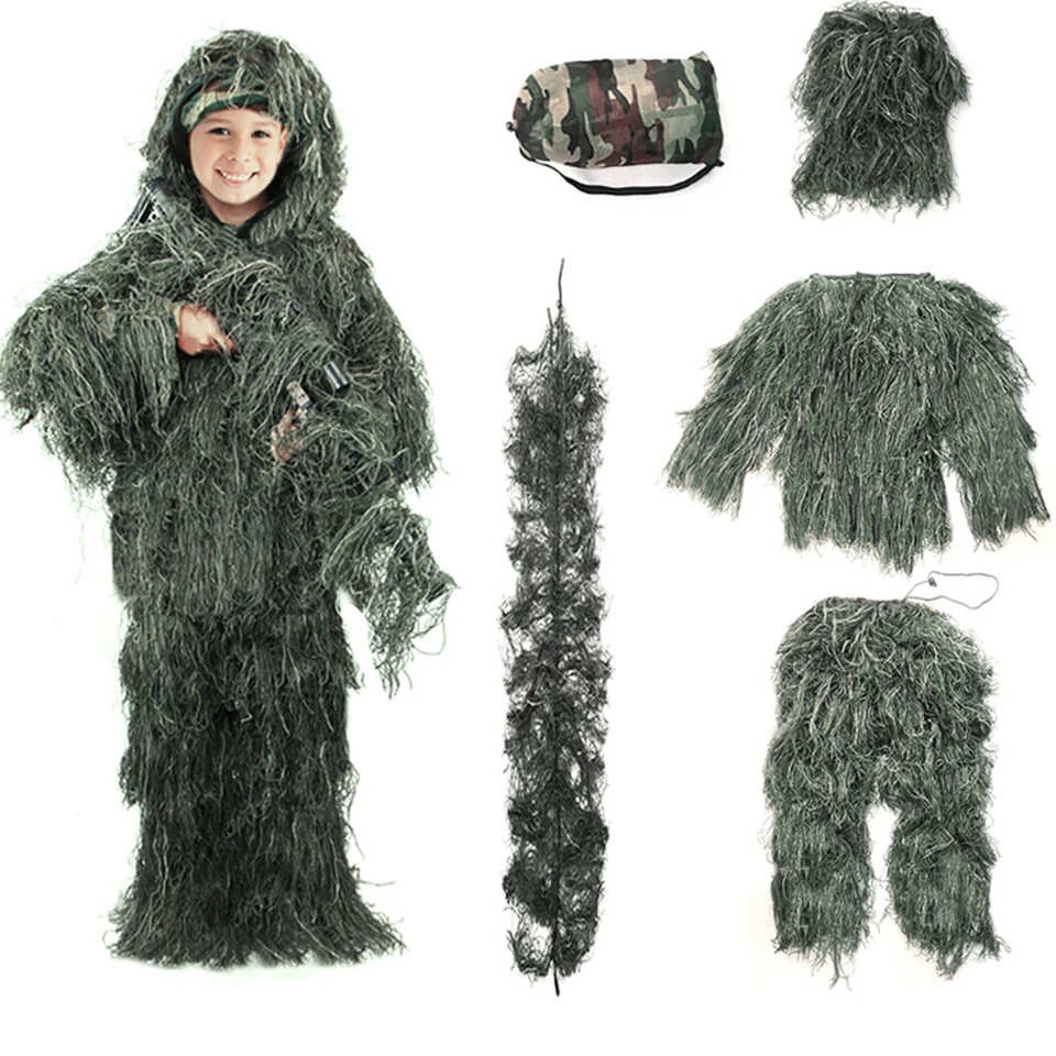 5ks/set castflage ghillie obleky s bundami Pants Hood Bag Woodland Hunter Ghillie Suit Halloween kostým