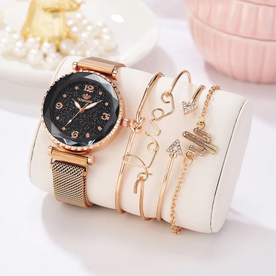 5ks/set Gear Dial Star Watch Strap Quartz Watch + Love Bracelet Set