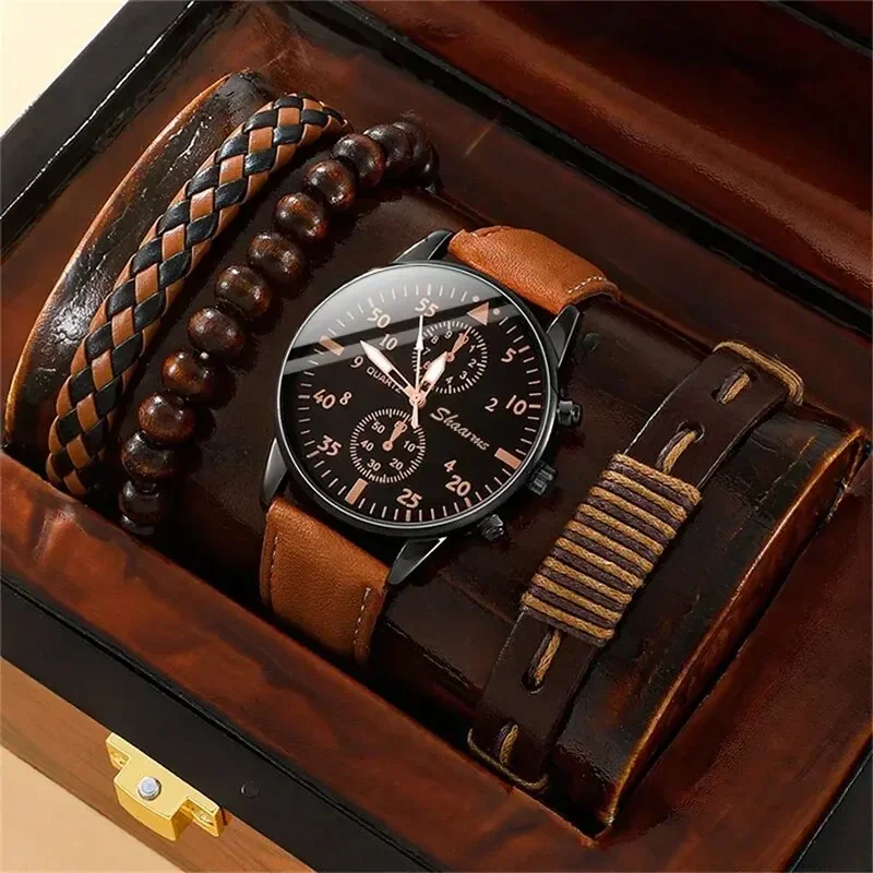 5ks set módne pánske športové hodinky Muž Business Quartz náramok Luxusné kožené náramky Men Cascur Clock Hodinky