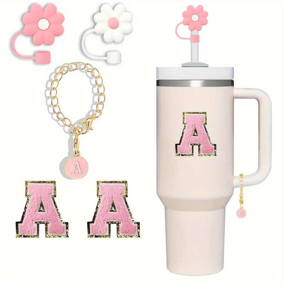 5ks/set šálky príslušenstva 2ks opakovane použiteľné zástrčky s prachom, 1pc Počiatočné písmeno Charm 2pcs Chenille Letter pre 30oz/40oz pohárik