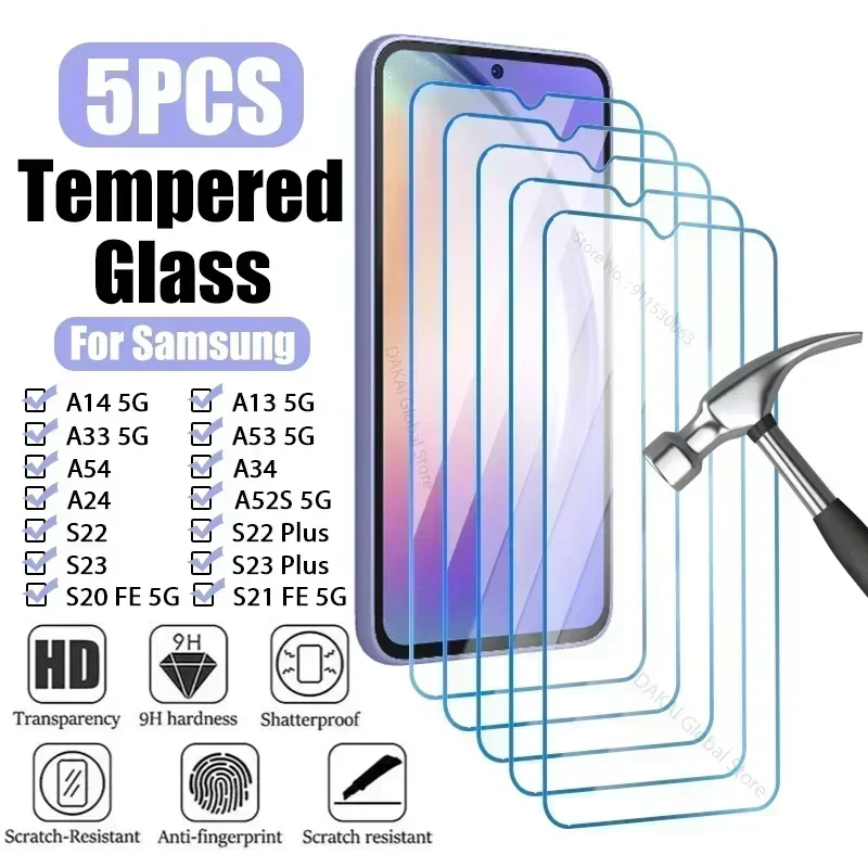 5ks temperované sklo pre Samsung Galaxy A54 A14 A13 A53 A34 A33 A52 5G S23 plus chránič obrazovky Samsung A52S A12 A22 S21 Fe Fe
