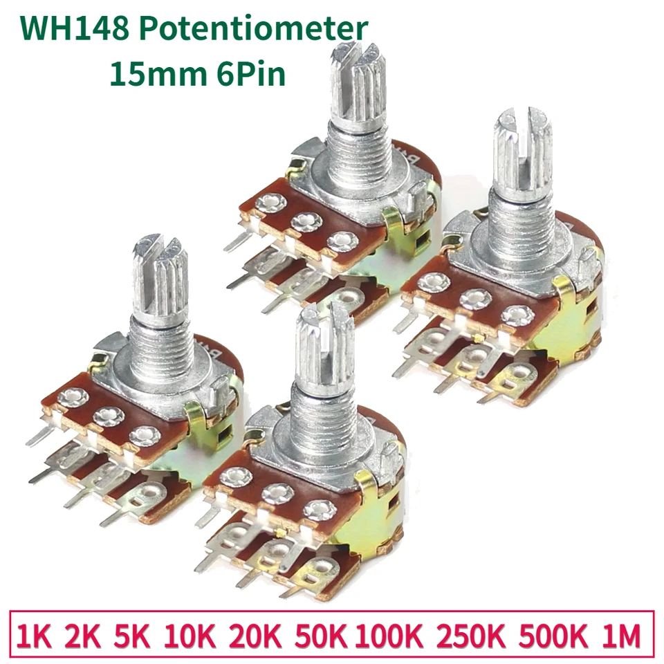 5ks WH148 Potentiometer 15 mm 6pin lineárne potenciometre hriadeľa s matičkami a podložkami 1k 2k 5k 10k 10k 20k 50k 100k 100k 250k 500k 1 m 1 m
