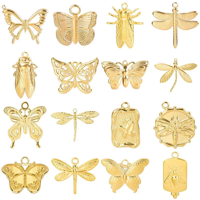 5ks z nehrdzavejúcej ocele Zlato farebný hmyz hmyz kúzlo Butterfly Bee Cicada DIY náušnice
