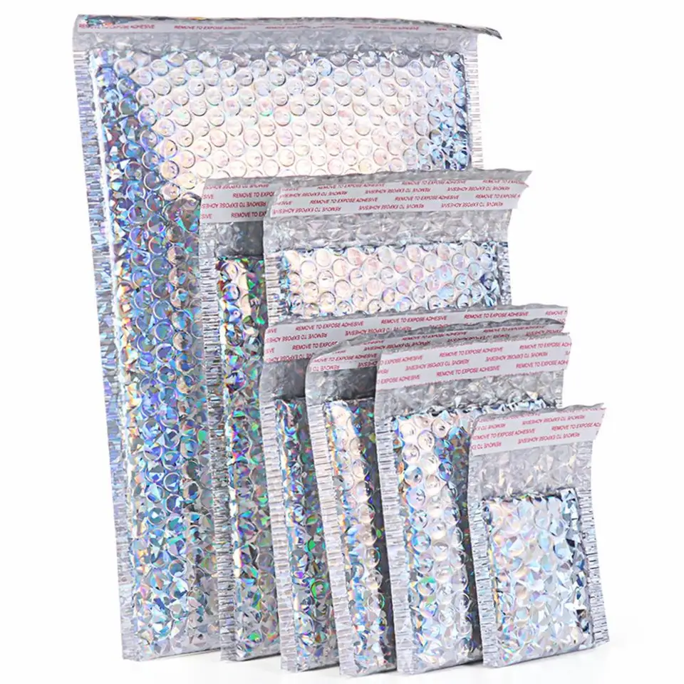5ks zlaté strieborné laserové bubliny obálka penová fólia Doprava poštovej tašky Holographic Shockproof Mailer obálky vrecka darčekové balenie