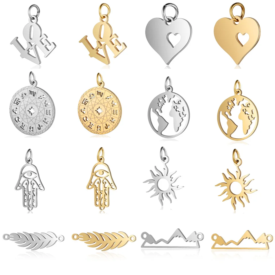 5ks/šarža 12 Zodiac Horoscope DIY Charms Veľkoobchod z nehrdzavejúcej ocele mapa mapa LEAF Palm Sun Hamsa Hand Manual Connectors Charm
