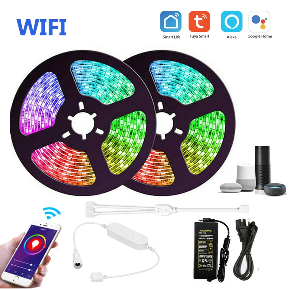 5m 10m 20 m tuya wifi RGB RGBW RGBWW LED pásik 5050 12V Dimmable Light+Mini Controller+Power App Hlas Control Alexa Google Home