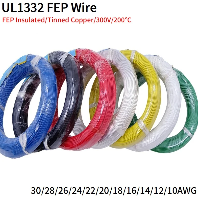 5m/10m PTFE drôt 30/28/26/22/22/20/18/11/11/112/1111332 FEP plastový izolovaný vysokoteplotný elektronický medený kábel