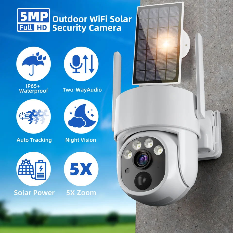 5MP Outdoor WiFi Camera 2K Sledovanie bezpečnostnej kamery Solárny panel Sledovací fotoaparát 7800 mAh IP66 Wireless 2 Way Talk Detect