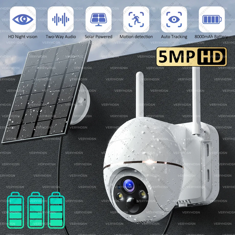 5MP solárna energia IP fotoaparát PTZ Outdoor Durveillance Cameas CCTV vstavaná batéria 8000 mAh PIR Human Tracking IP66 nepremokavá vačka