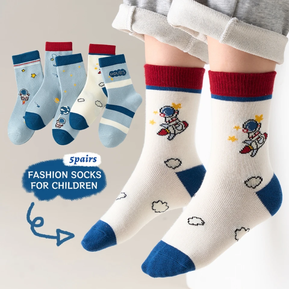 5Pair 1-14 rokov detské teplé ponožky strednej trubice Little Astronaut nezmiznú pohodlné anime školské ponožky na jeseň