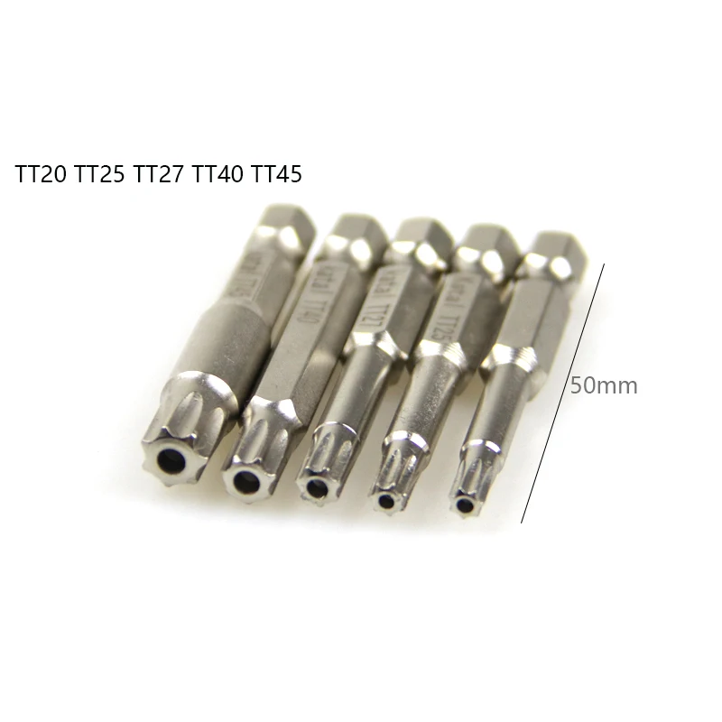 5pcs 7 Point Torx ScrwDriver Bit s otvorom 1/4 hexovej stopky Sedembodové hviezdne bity 7 zubných skrutkových skrutiek TT20 TT25 TT27 TT40 TT45