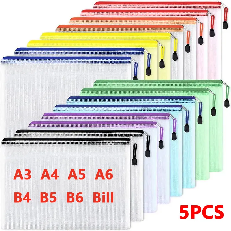 5pcs A3/A4/A5/A6 Mesh Zipper Petouch Dokument Document Bag Witerproof Zip Folders Cent Case Storage Bags