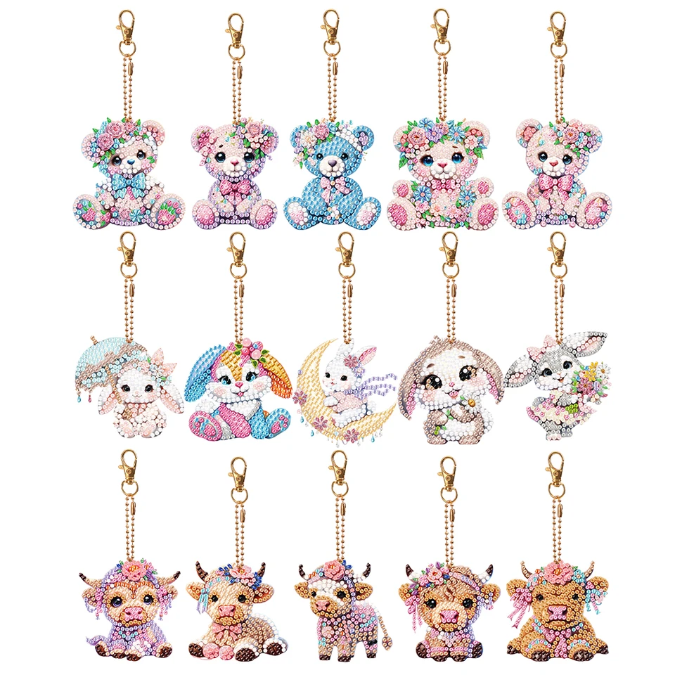 5pcs medveď králičie Yak Diamond Art Keyring obojstranné zvieracie diamantové maľba Art Keychain Prívesok pre domácu narodeninovú oslavu dekora
