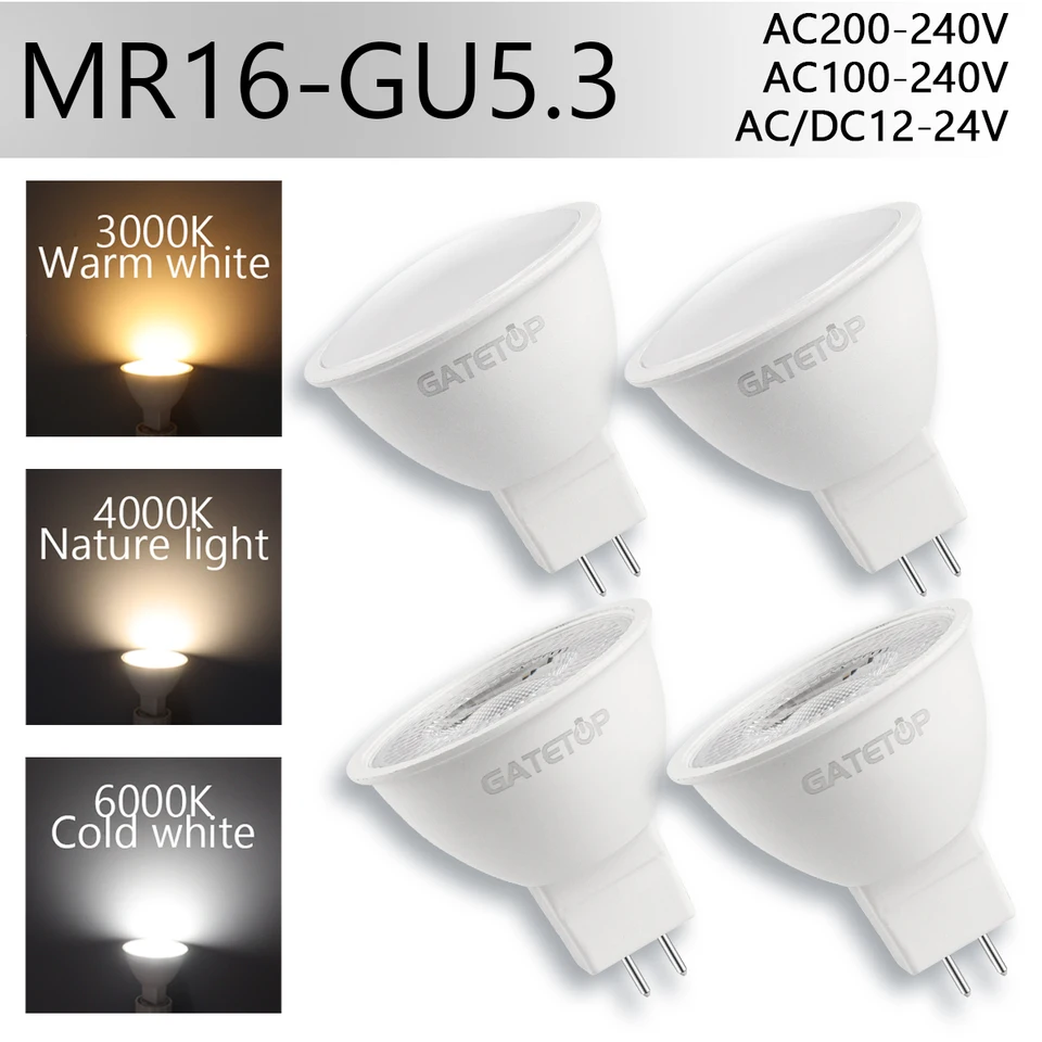 5pcs MR16 Bulb LED Spotlight 120degree GU5.3 Základňa bez blikania Plné napätie AC/DC12V AC 110V 220V Warm White vhodné pre domov