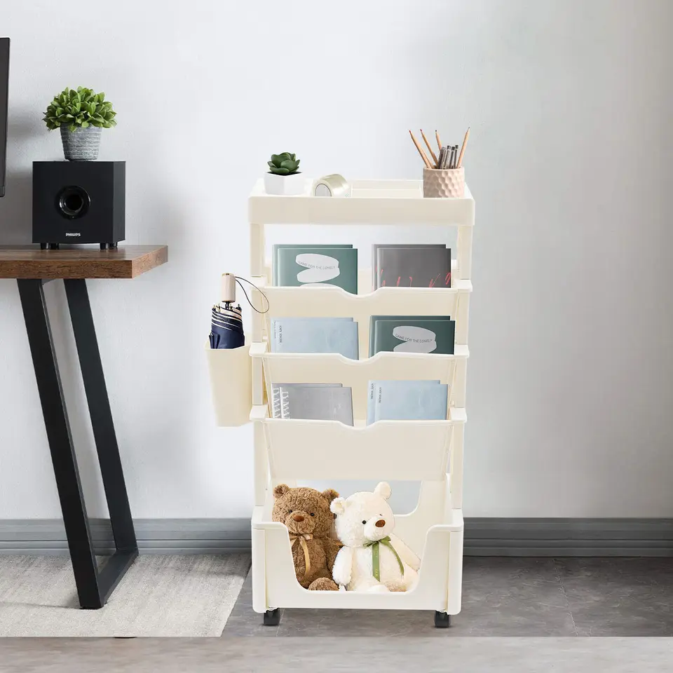 5Tier knižnica s kolesami Movely Bookshelf Cart Functional Mobile Book Cart