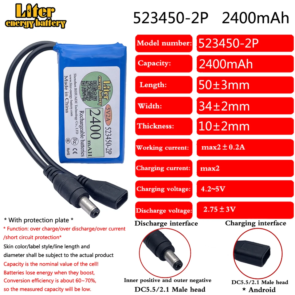 5V 2A 523450-2P 2400 mAh Booster Battery Malé mikrokontroléry Intelligentný zámok LED žiarovka napájacie napájanie 4,8 V Lipo batéria