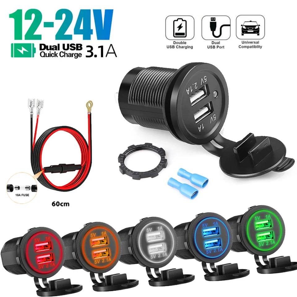 5V 3.1A 12V Dual USB Car nabíjačka s panelom vodotesný zásuvkový výtok pre motocykel nákladného vozidla vozidla