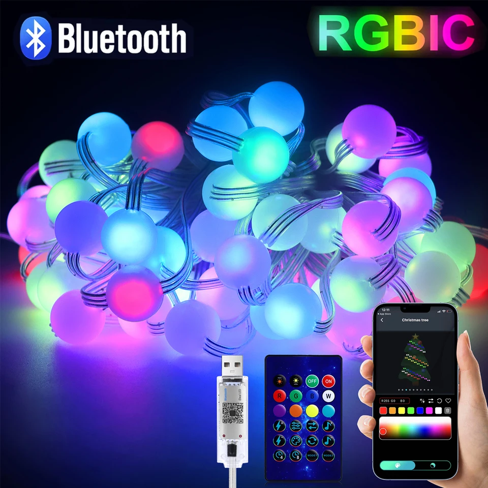 5V USB Bluetooth RGBIC Fairy Light 10m 66leds vianočná šnúra s aplikáciou/diaľkovým ovládaním pre vianočné stromové dekorácie girlandy