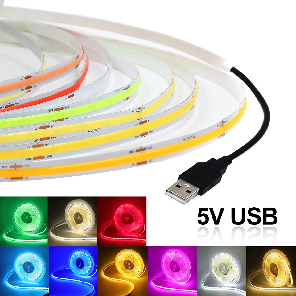 5V USB COB LED prúžok Light White/červená/zelená/ružová/ľadová modrá/žltá 320 LED diódy Flexibilná stuha DC nočná lampa TV podsvietenie Domáce dekorácie