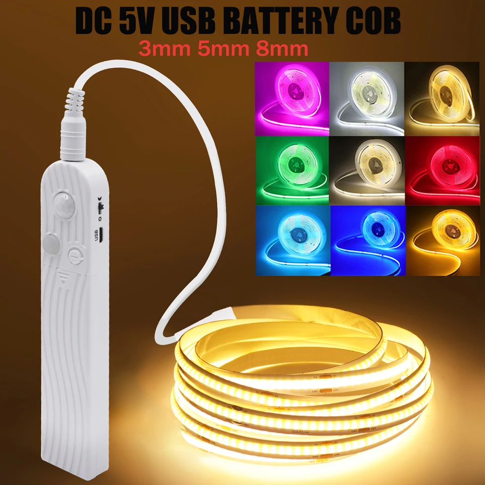 5V USB COB LED pásik LIGH SVETLO S DOMÁCNOU SENZORA BATÉRIU 3 mm 5 mm 8 mm Flexibilné COB Lights 320LEDS Lineárne osvetlenie s vysokou hustotou