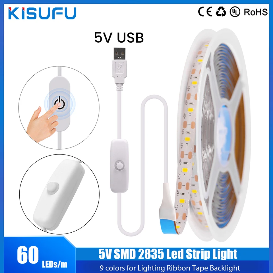 5V USB LED pásik Svetlo SMD 2835 60 LED diódy/m s Touch Dimmer/Off Switch Flexibilná osvetľovacia páska Rieška pre TV zrkadlo podsvietenia