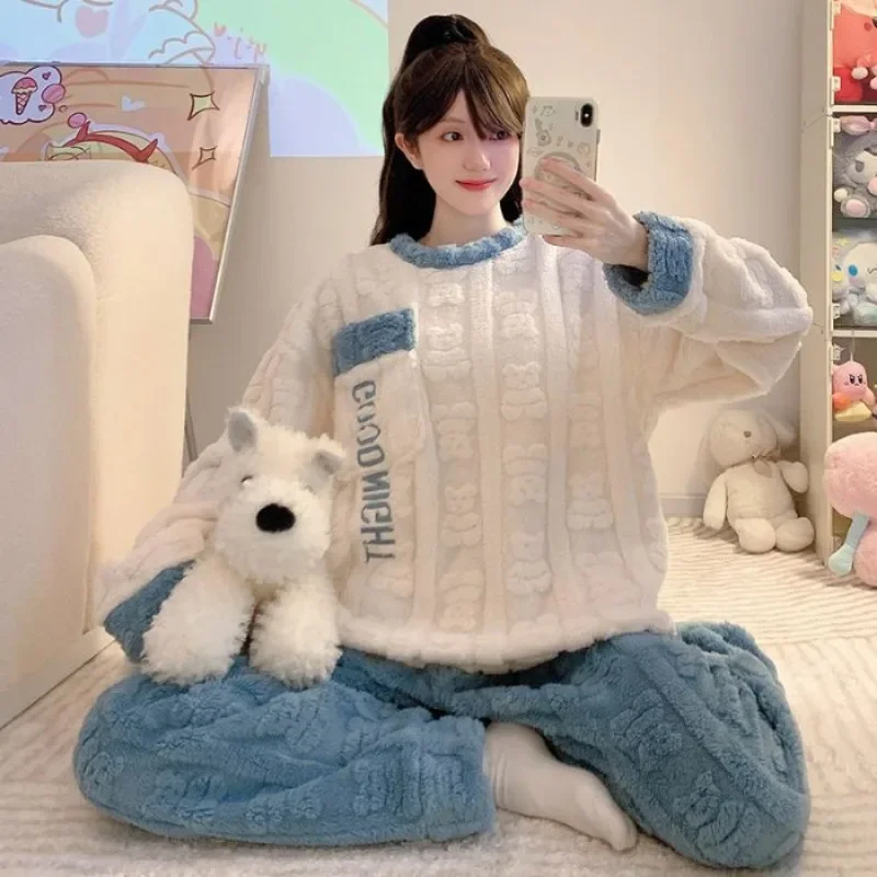 5xl plus veľkosť koralových fleece pyžamy dámske karikatúry roztomilé zimné fleece Zhruba 2 -kusová sada flanelových salónikov a nohavíc