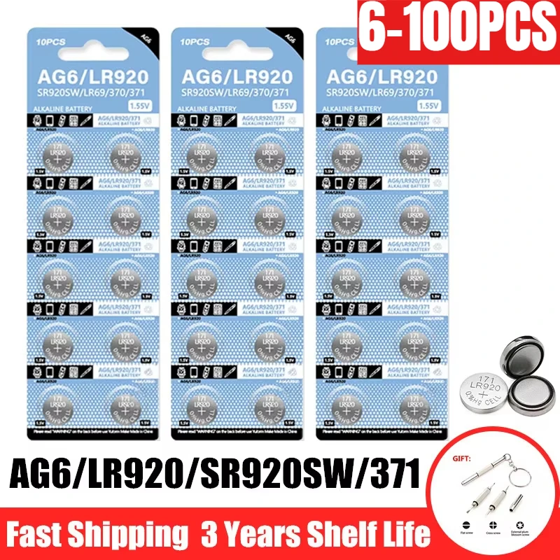 6-100ks AG6 LR920 Alkalické gombíky LR920 SR920SW 371 V37 SR69 L921 CEL COIN batéria pre kalkulačky hračiek pre hračky PILA