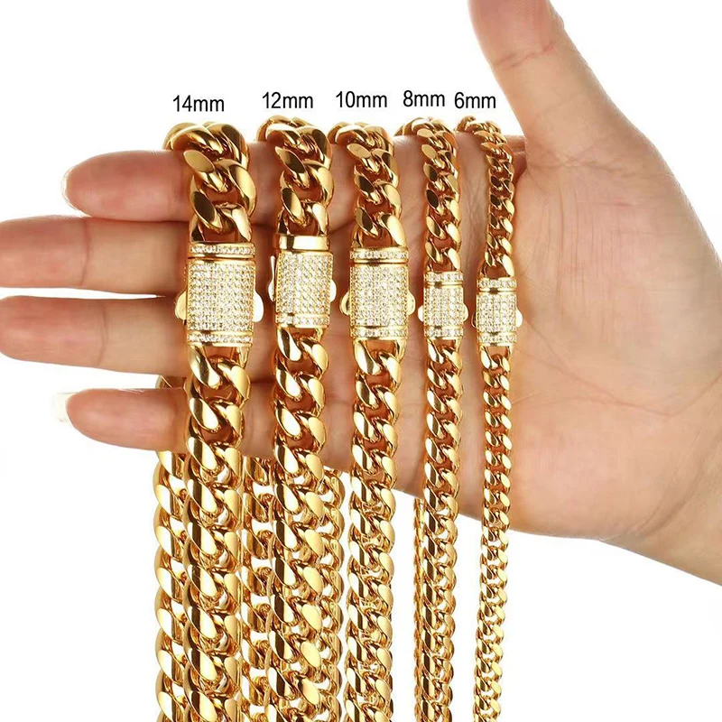 6-14 mm z nehrdzavejúcej ocele Round Cuban Miami Chains náhrdelníky cz zirkonový box zámok Veľký ťažký reťazec pre mužov hip hopový rapper šperky