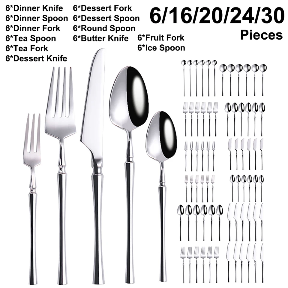 6/16/20/24/30ks z nehrdzavejúcej ocele 304 Sliverware Western Knife Fork Sada Set Mirror Set Castlery Set Washer Bezión