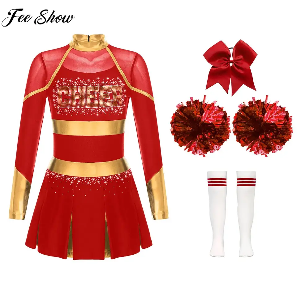 6-16y dievčenské školské večierky Športové stretnutie roztlieskavačky Dance Performance Outfit Letard Dress s ponožkami kvetov pokrývok hlavy