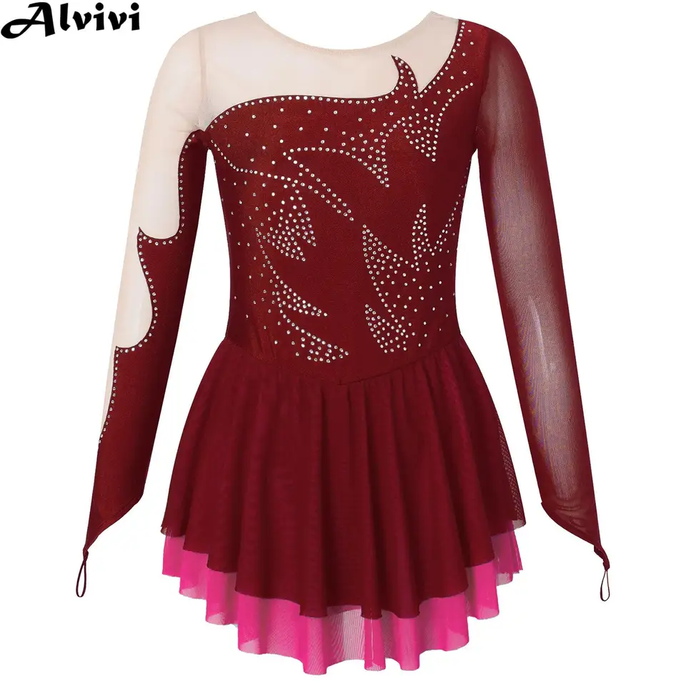 6-16y Girls s dlhým rukávom krasokorčuľovacie šaty lesklý kamienok shlové mriežky Daident Dancewear pre lyrický tanečný balet gymnastika